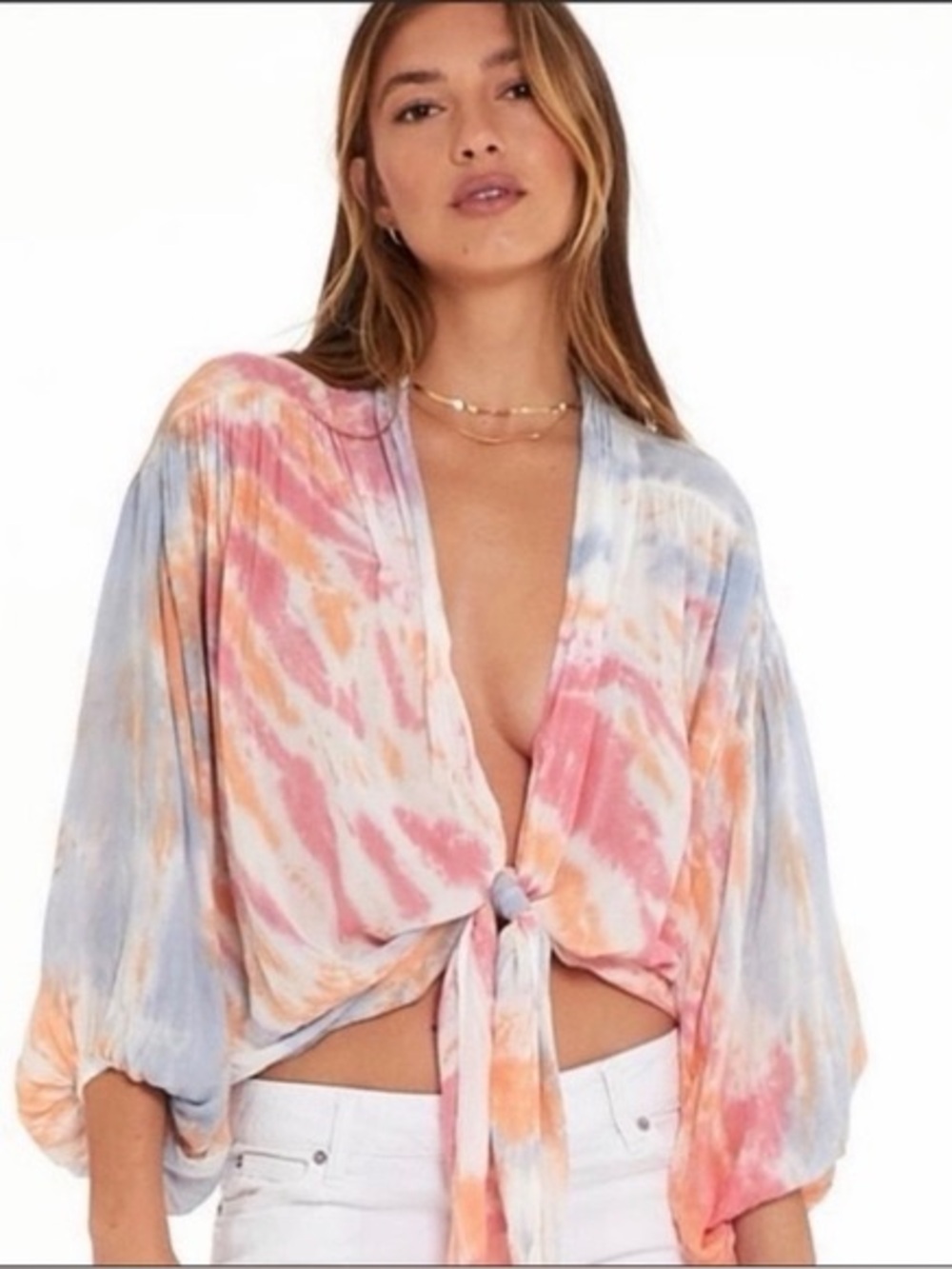 Young Fabulous & Broke YFB Carmen Blue Bahama Wash Tie Dye Tied Blouse Top XS